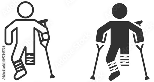 Man with broken leg icon, vector illustration of injured person with leg cast and crutches, clean flat and outline design for healthcare, medical, and injury awareness