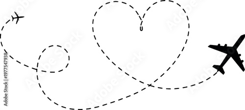 Airplane flying and tracing heart shape dashed line path on checkered background travel love concept. vector illustration