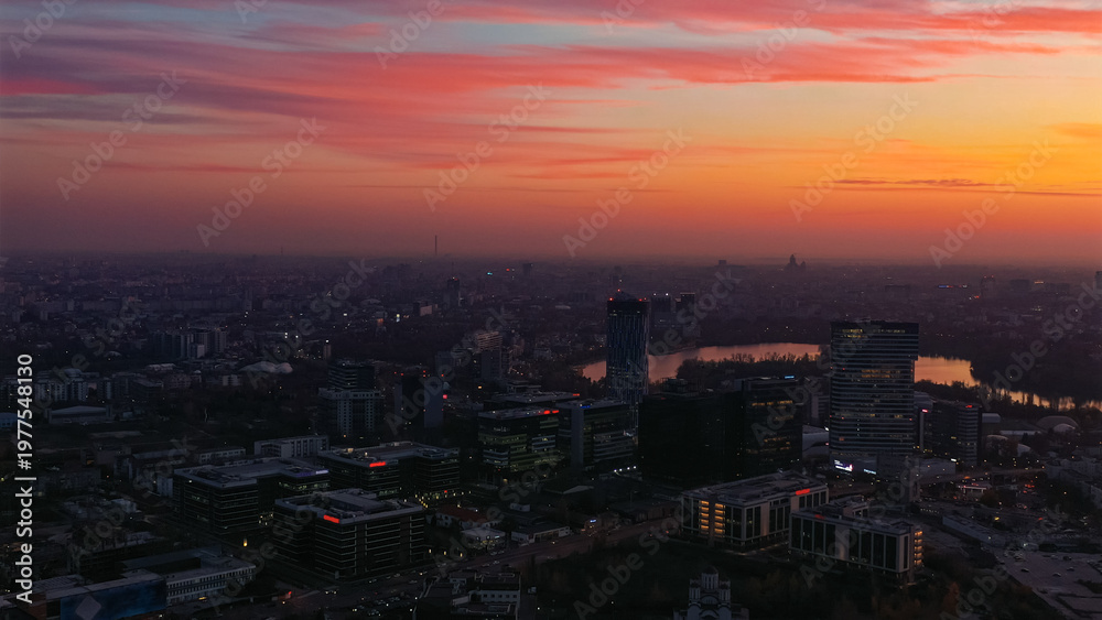 Fototapeta premium Bucharest city skyline view during sunset dusk