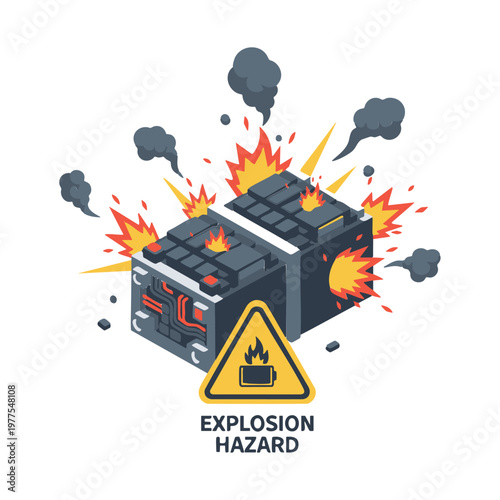 Isometric exploding battery pack with hazard sign icon.