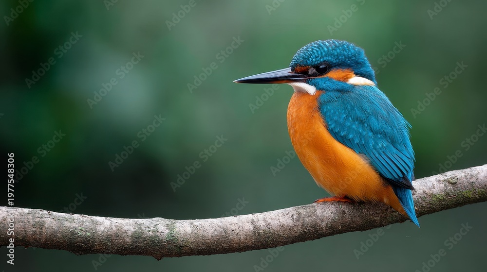 Fototapeta premium Vibrant Kingfisher Bird Perched on a Mossy Branch in Soft Natural Daylight