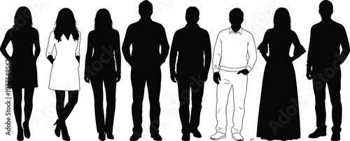 People silhouettes lineup featuring men and women standing together in different outfits with one highlighted figure isolated on white background for diversity and individuality concept