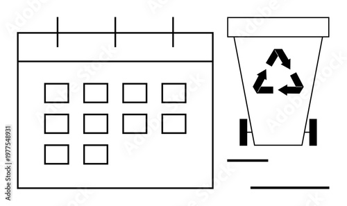 Waste management, sustainability practices, environmental awareness, eco-friendly living, recycling schedule planning, time organization. A calendar next to a recycling bin with the recycling symbol