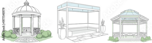 Collection of garden gazebo and pergola designs including classic domed pavilion modern terrace and wooden backyard shed vector line art illustration