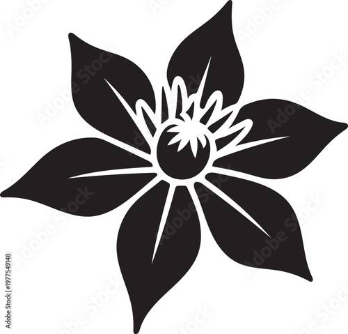Clematis flower silhouette in black vector icon style, clean and minimal floral design element.