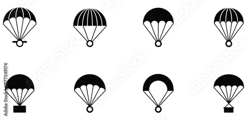 Parachute icons set, vector illustrations of open and deployed parachutes, skydiving, and aerial safety symbols, clean flat and outline design suitable for sports