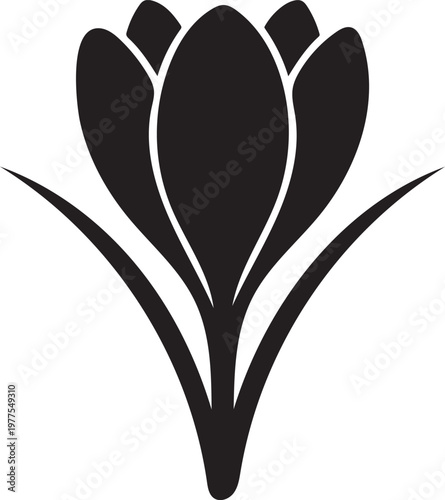 Crocus flower silhouette in black vector icon style, clean and minimal floral design element.