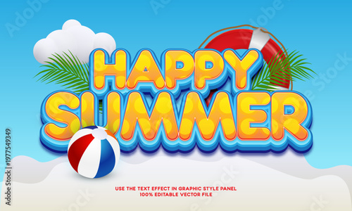 Happy summer editable text effect 3D style with beach ball and tropical leaves