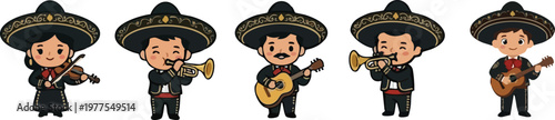 Web Chibi Mariachi Band Vector Set – Cute Mexican Musicians with Trumpet, Guitar, and Violin in Traditional Charro Suits for Cinco de Mayo Fiesta