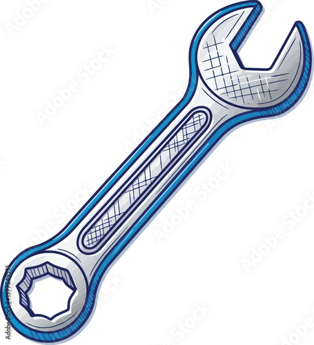 Illustration of a combination wrench with open and box ends on a white background. Vector