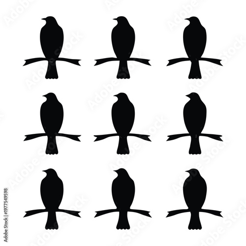 Silhouettes of nine black birds perched on branches arranged in a three by three grid. Vector