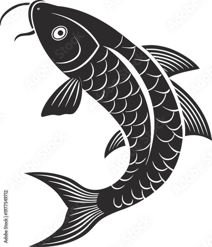 Stylized black and white illustration of a jumping fish with detailed scales and long barbels. Vector