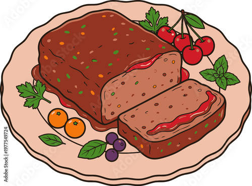 Vector illustration of a delicious breakfast plate with meatloaf, and fresh vegetables on a white background