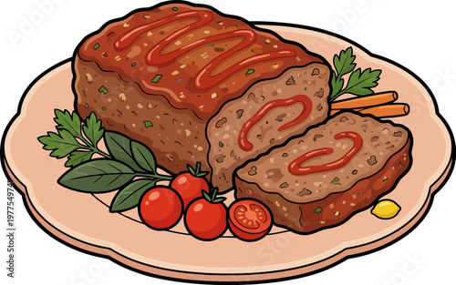 Vector illustration of fresh sliced salami and meatloaf served on a plate with vegetables and herbs isolated on a white backgrounda