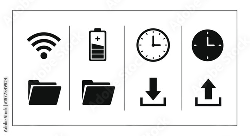 Black icons of WiFi signal, battery, clocks, and file transfer on white background for technology and communication concepts