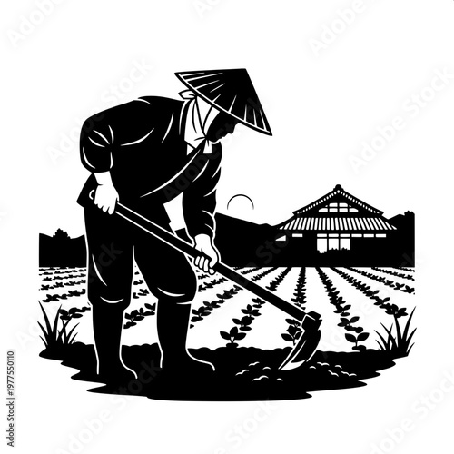 Traditional farmer planting rice in terraced fields with conical hat illustration
