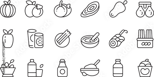 Organic fruits and vegetable line icons set featuring pumpkin pepper melon and various fresh food items for agriculture. vector illustration
