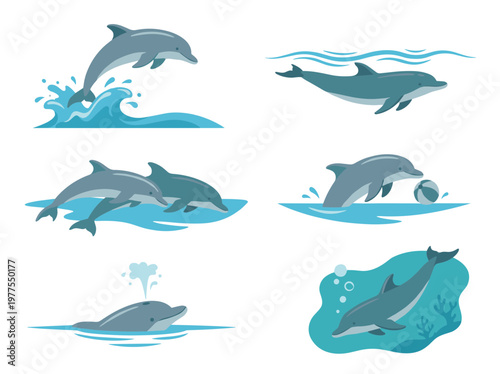 Dolphin vector illustration set, six isolated scenes featuring jumping, swimming, and underwater play