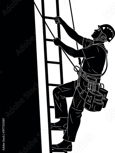 A black and white illustration depicts a caver ascending a rope ladder within a dark cave system