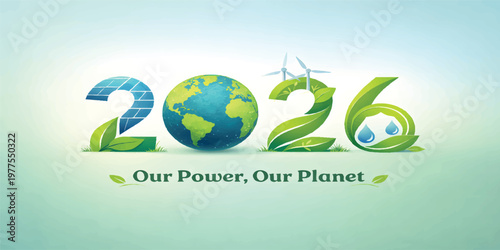 Earth Day 2026 Green Technology Planet Concept, Digital Eco Globe with Sustainability Icons, Environmental Innovation Banner with Copy Space