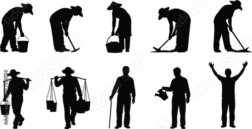 Farmer silhouettes set showing agricultural workers carrying tools, harvesting, watering and labor activities isolated on white background for rural farming and agriculture design
