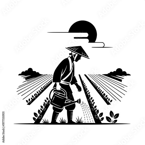 farmer planting rice seedlings in traditional asian paddy field illustration