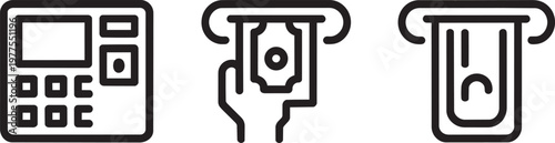 ATM machine icons featuring credit card insertion, cash withdrawal hand, and keypad linear set