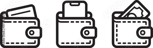 Wallet icons set with credit card smartphone and cash money banknote in minimalist line style