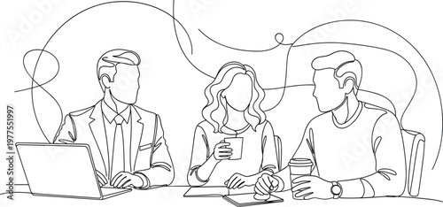 Colleagues having casual business discussion over coffee with laptop representing informal meeting networking communication and teamwork in modern office illustration