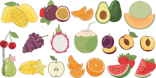 Fresh Fruit Icon Set Featuring Mango, Dragonfruit, Avocado, Watermelon, Oranges, and More for Healthy and Vibrant Illustrations