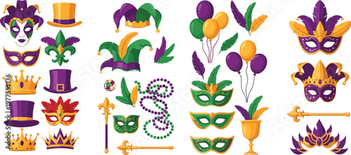 Set of Mardi Gras Masks, Crowns, Hats, and Beads for Carnival, Festival, and Celebration DesignsSet of Mardi Gras Masks, Crowns, Hats, and Beads for Carnival, Festival, and Celebration Designs