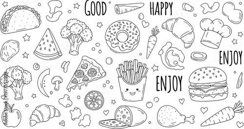 Food and Snack Icon Set Featuring Pizza, Burger, Fries, Taco, Fruit, and Positive Messages for Fun and Delicious Designs