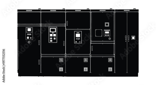Electrical panels and switchgear presented in a stark black silhouette