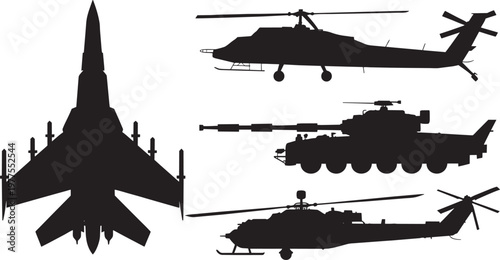 Military Aircraft and Helicopter Silhouettes Set, Fighter Jet and Tank Vector Icons Collection