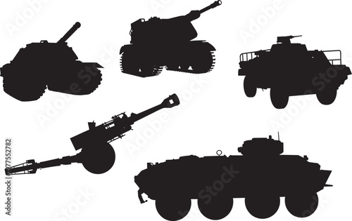 Military armored vehicles and heavy artillery tank silhouette vector set