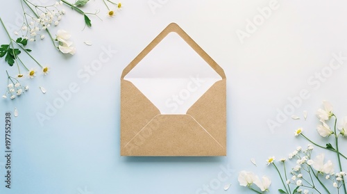 Brown kraft paper envelope with white flowers on blue background  postal stationery