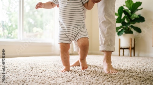 Baby learning to walk with parent support on carpeted floor in living room with plant