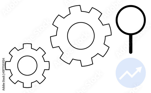 Business strategy, data analysis, process optimization, technology, workflow management, progress monitoring. Two gear icons with a magnifying glass and a growth symbol. Process optimization and data