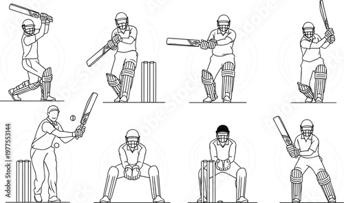 Cricket player batting poses set with different shots and wicket positions representing sports action gameplay and athletic performance illustration