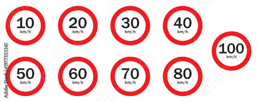 Speed Limit Sign Vector Set, Road Traffic Signs 10 to 160 km/h, Highway and Street Regulatory
 Symbols, Isolated on White Background