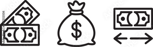 Money and finance icon set with dollar bag, paper banknotes and currency exchange symbol vector