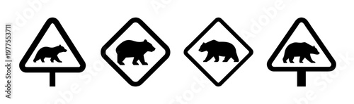 Bear crossing road signs set, black grizzly bear silhouettes in warning triangles and diamonds, wildlife caution icons for national parks and safety