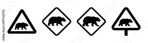 Bear warning signs collection, black grizzly bear silhouette icons, wilderness caution road sign set, 4 vector animal hazard symbols