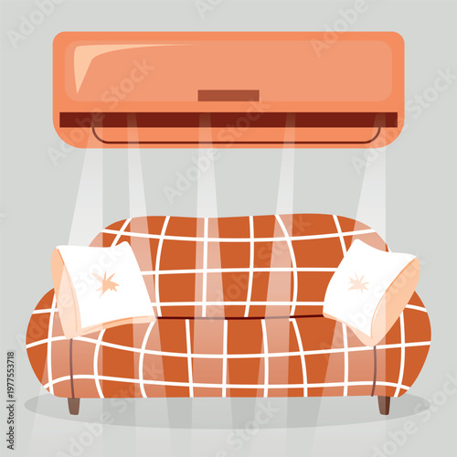 Illustration of a modern living room featuring a stylish orange sofa with decorative pillows and an air conditioning unit mounted above, showcasing a cozy interior design
