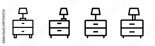 Minimalist nightstand icon set with table lamp, modern bedroom bedside table vector collection, simple furniture line art icons for interior design