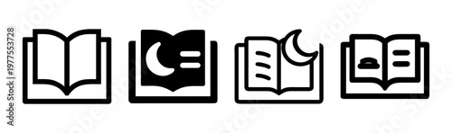 Minimalist book icon set, black and white reading symbols, linear open book vector graphics, bedtime story and education icons for mobile apps