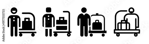 Bellhop hotel service icons set, luggage cart with porter vector illustrations, hospitality staff with baggage trolley symbols for travel