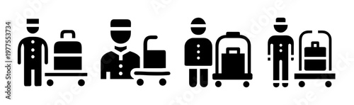 Hotel bellboy icon set, professional porter with luggage trolley vector, black silhouette hotel staff carrying suitcases on cart, hospitality service
