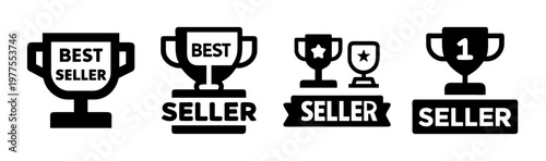 Best seller trophy icon set, black winner cup vector elements, e-commerce marketing badges for top selling products and business success