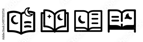 Minimalist bedtime story book icons, set of 4 black line vector illustrations, night reading symbols with moon and stars for children literature